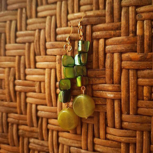 Coastal Green Mother of Pearl & Serpentine Stone Earrings: 24k Gold Plated Hooks - Picture 2 of 10